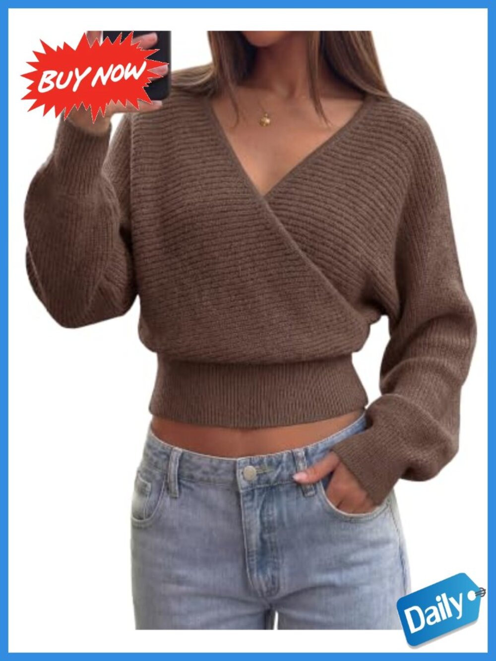 Ribbed Knit V Neck Wrap Cross Front Sweater Long Sleeve Pullover
